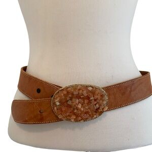 Lyz Charter tan brown belt&crystal embellishments gold solid metal pin buckle 32